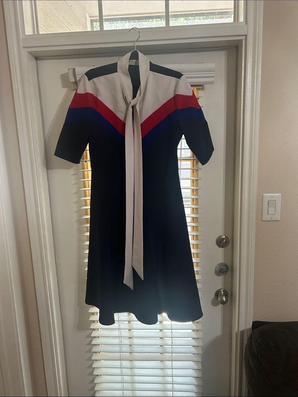Navy Midi Dress with Red & Blue Chevron and Cream Tie